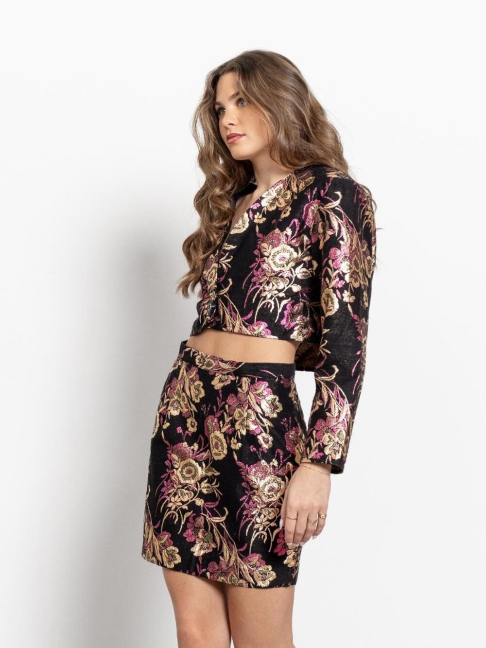90s Floral Metallic Mini Skirt Set - Ellen D Two Piece Suit Small